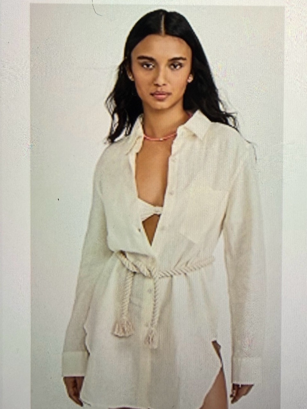 Linen Cream Button-Front Cover-up shirt dress with Rope Belt